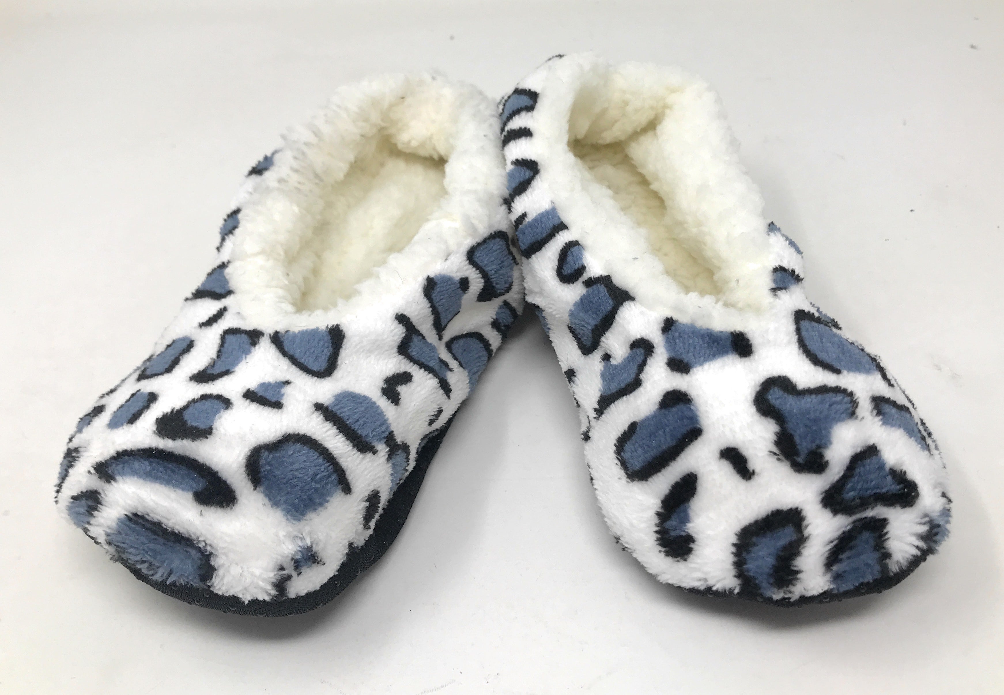 Women's Plush Fleece Lined Cozy Sherpa Gripper Slippers - Animal Print: White with Gray