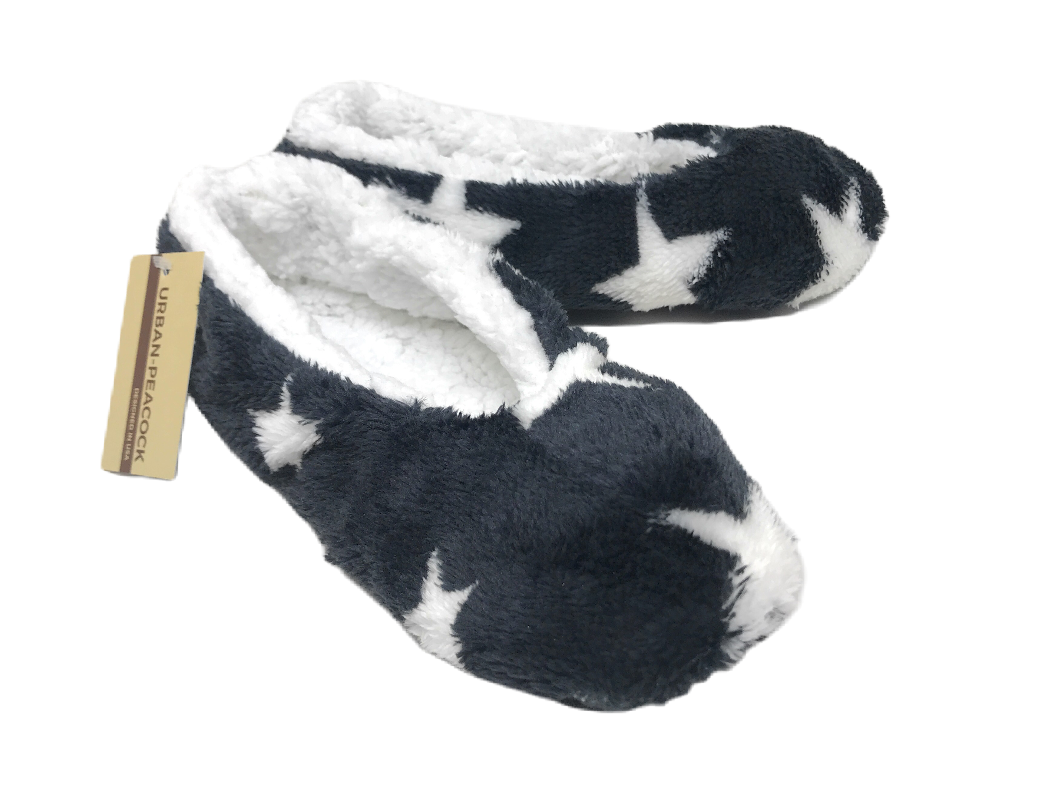 Women's Plush Fleece Lined Cozy Sherpa Gripper Slippers - Stars: Black & White