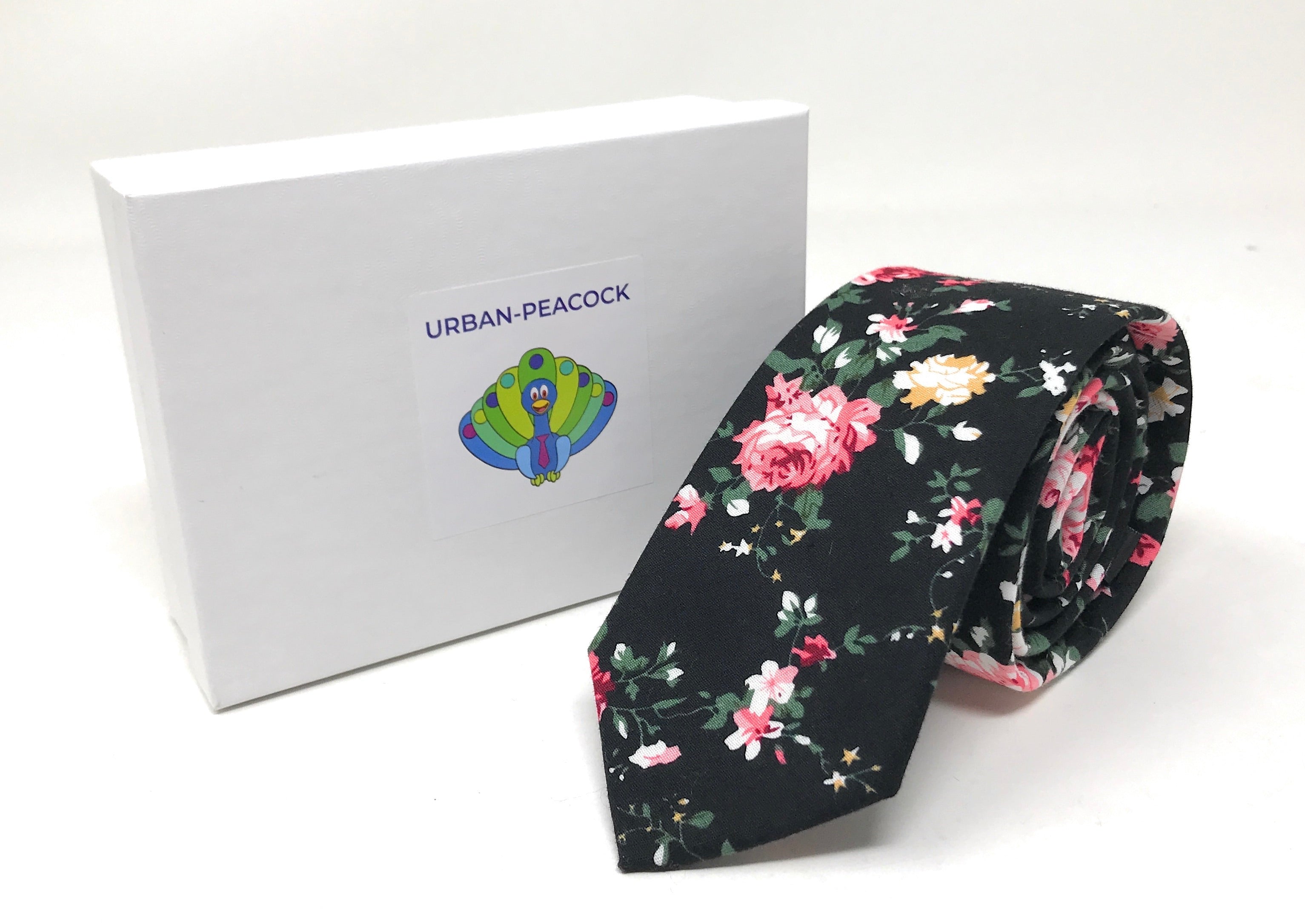 Urban-Peacock Men's Fashion Wedding Floral Slim Necktie: Black - Large Print