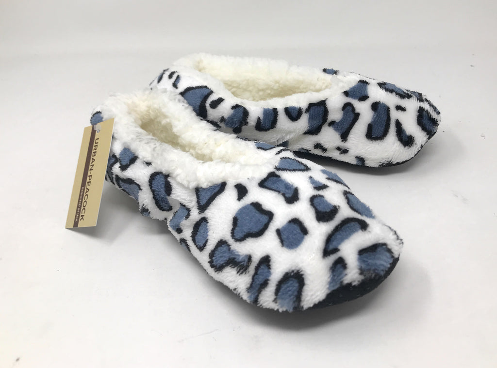 Women's Plush Fleece Lined Cozy Sherpa Gripper Slippers - Animal Print: White with Gray