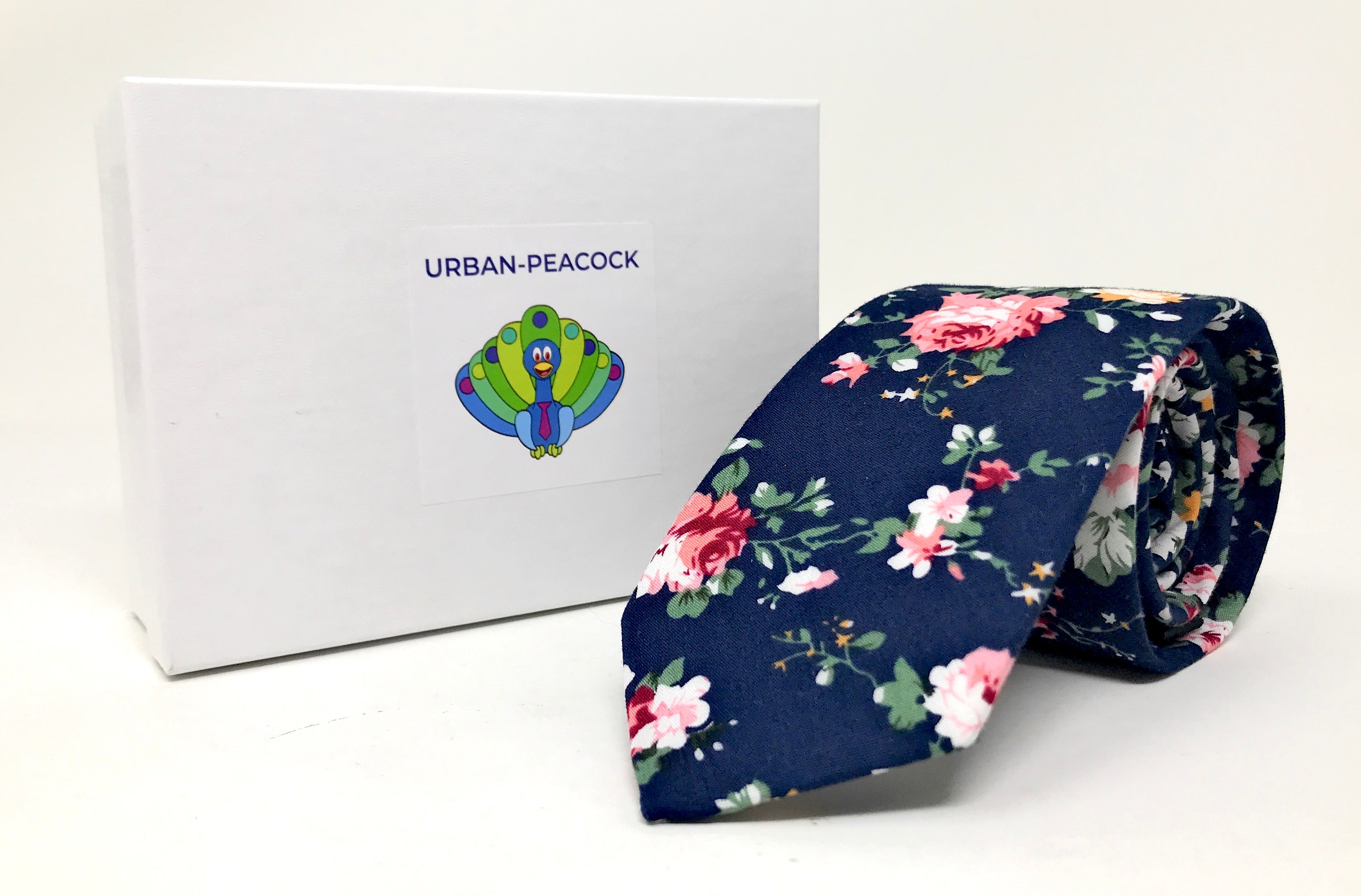 Urban-Peacock Men's Fashion Wedding Floral Slim Necktie: Navy Blue - Large Print
