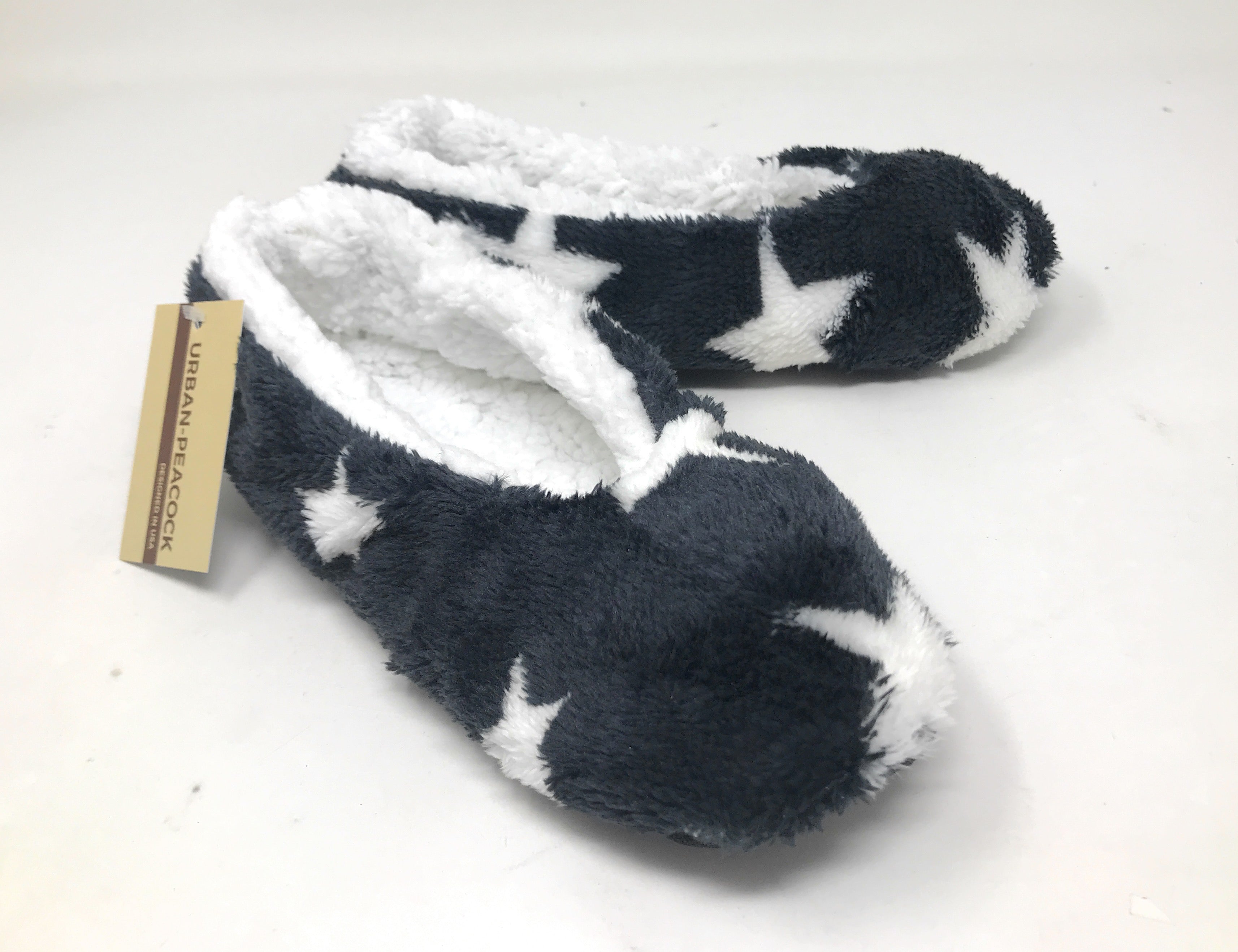 Women's Plush Fleece Lined Cozy Sherpa Gripper Slippers - Stars: Black & White