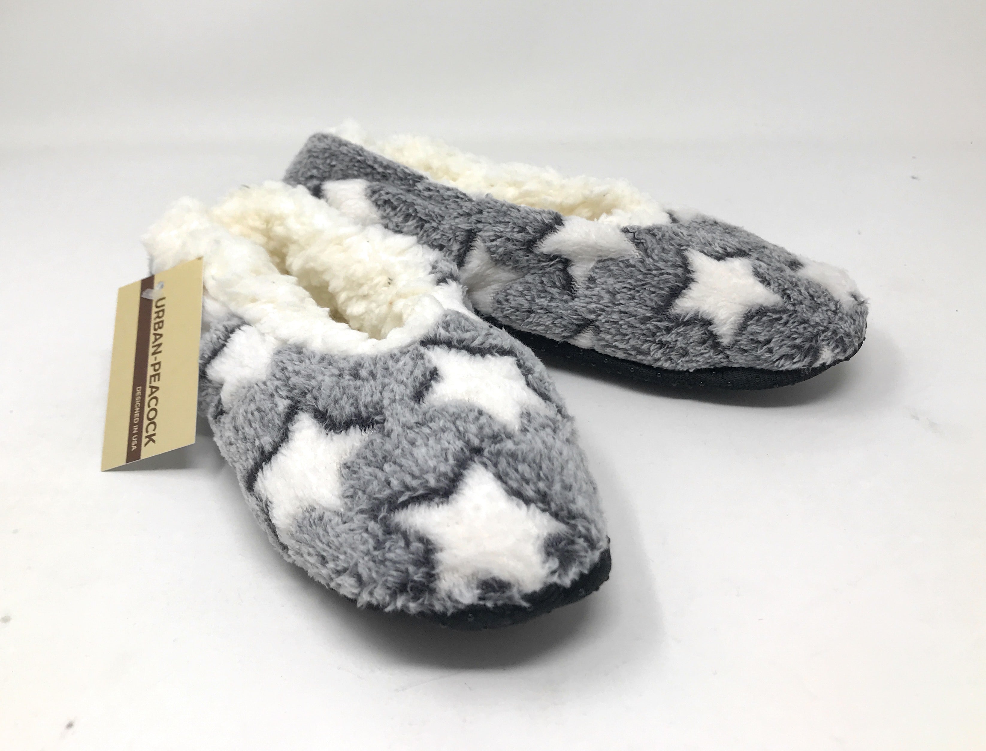 Women's Plush Fleece Lined Cozy Sherpa Gripper Slippers - Stars: Gray & White