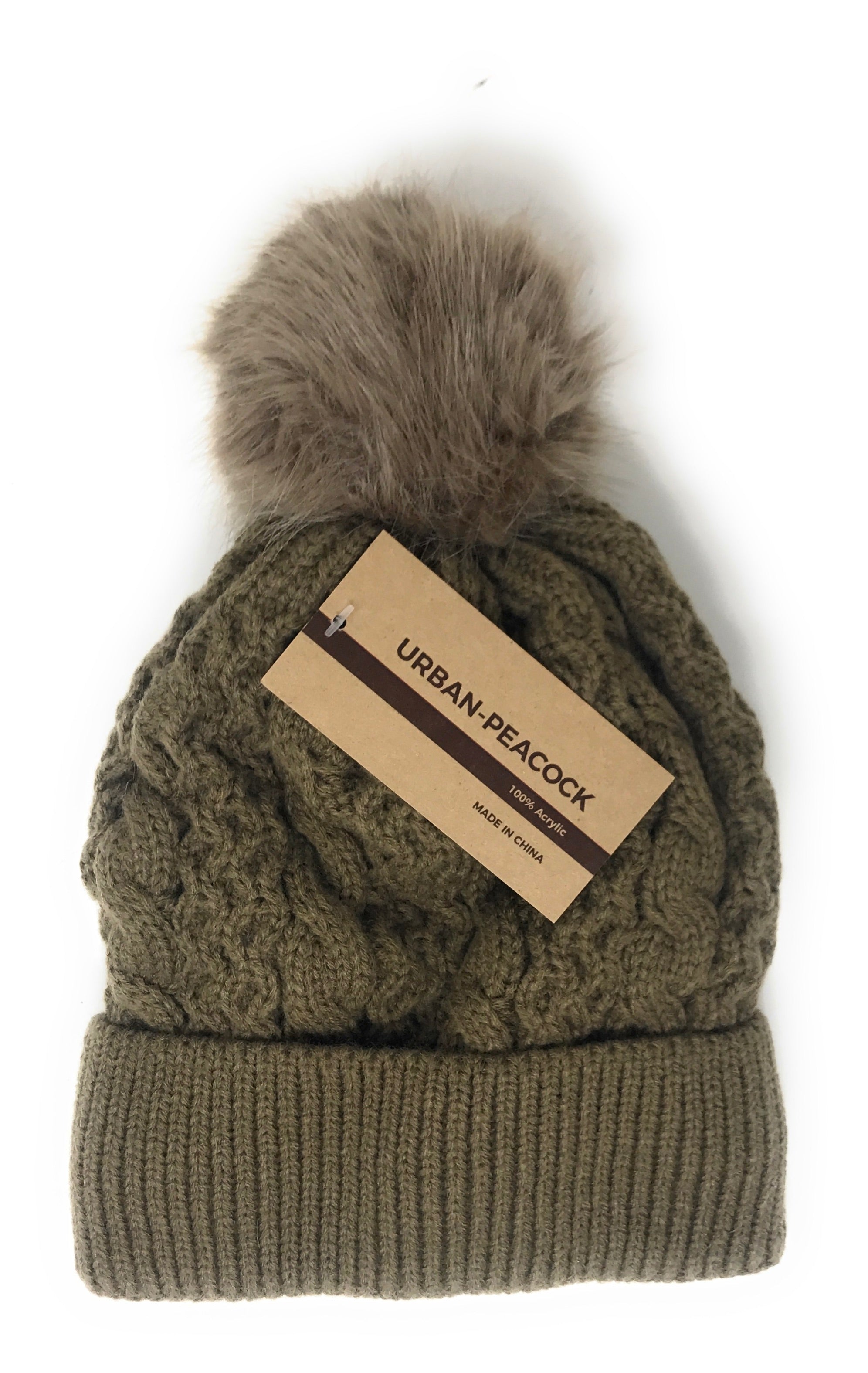Urban-Peacock Soft Stretch Cable Knit Beanie Hat with Warm Fleece Lining & Pom Pom: Brown