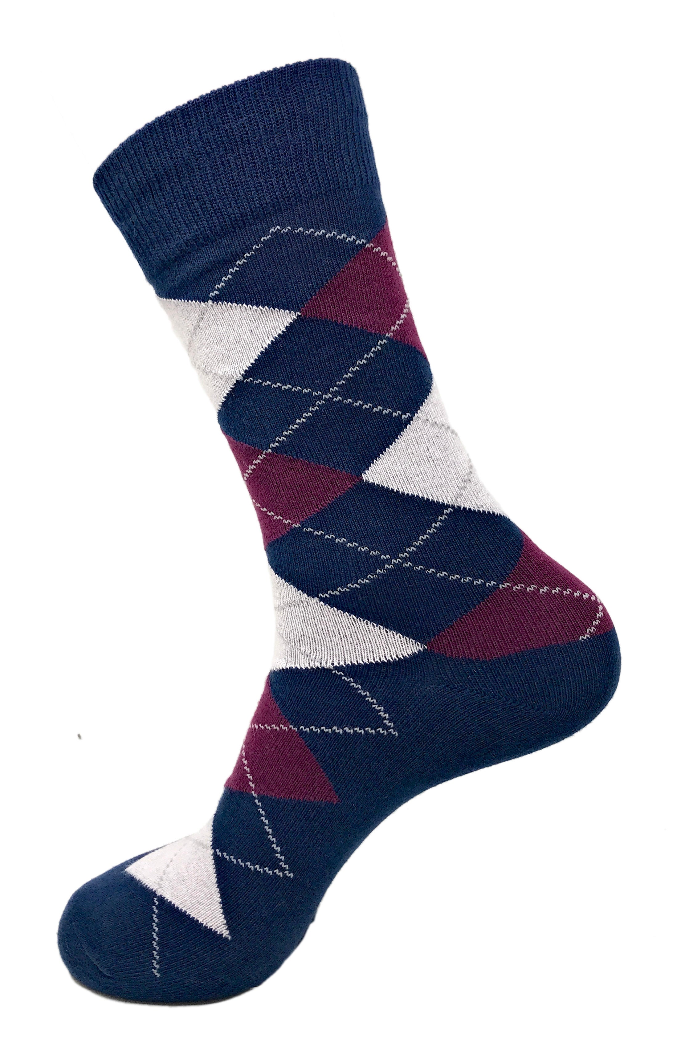 Black Label Men's Dress Socks - Argyle: Dark Navy Blue, Wine Burgundy & Heather Gray