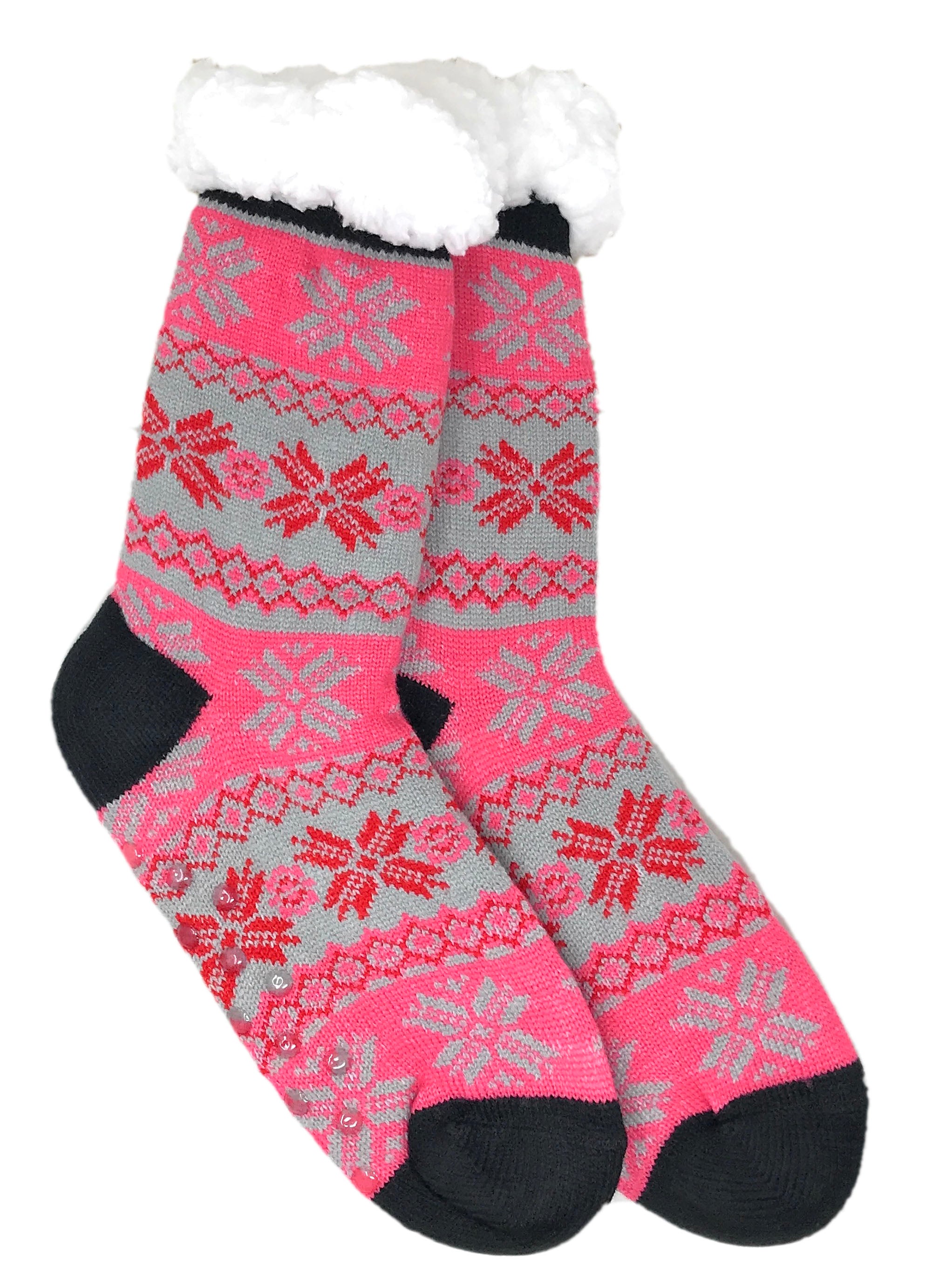 Women's Plush Fleece Lined Cozy Sherpa Gripper Slipper Socks - Pink, Gray & Black