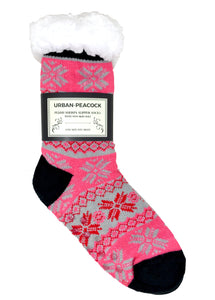 Women's Plush Fleece Lined Cozy Sherpa Gripper Slipper Socks - Pink, Gray & Black