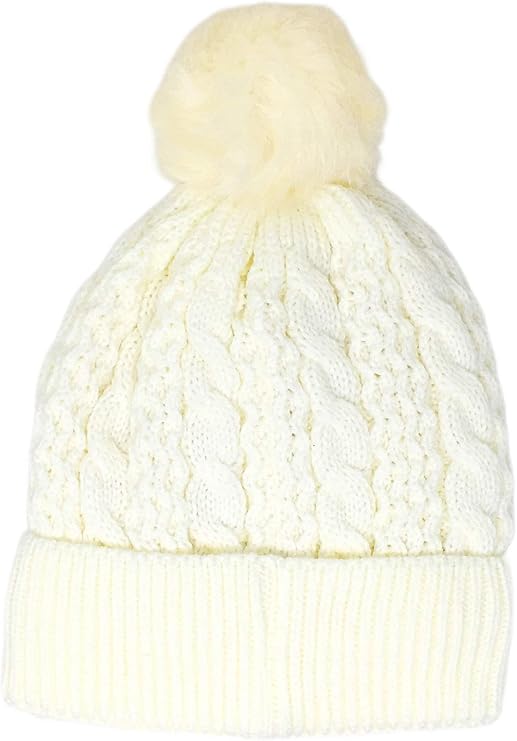 Urban-Peacock Soft Stretch Cable Knit Beanie Hat with Warm Fleece Lining & Pom Pom: Cream