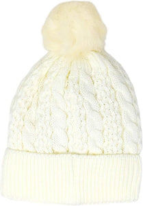 Urban-Peacock Soft Stretch Cable Knit Beanie Hat with Warm Fleece Lining & Pom Pom: Cream