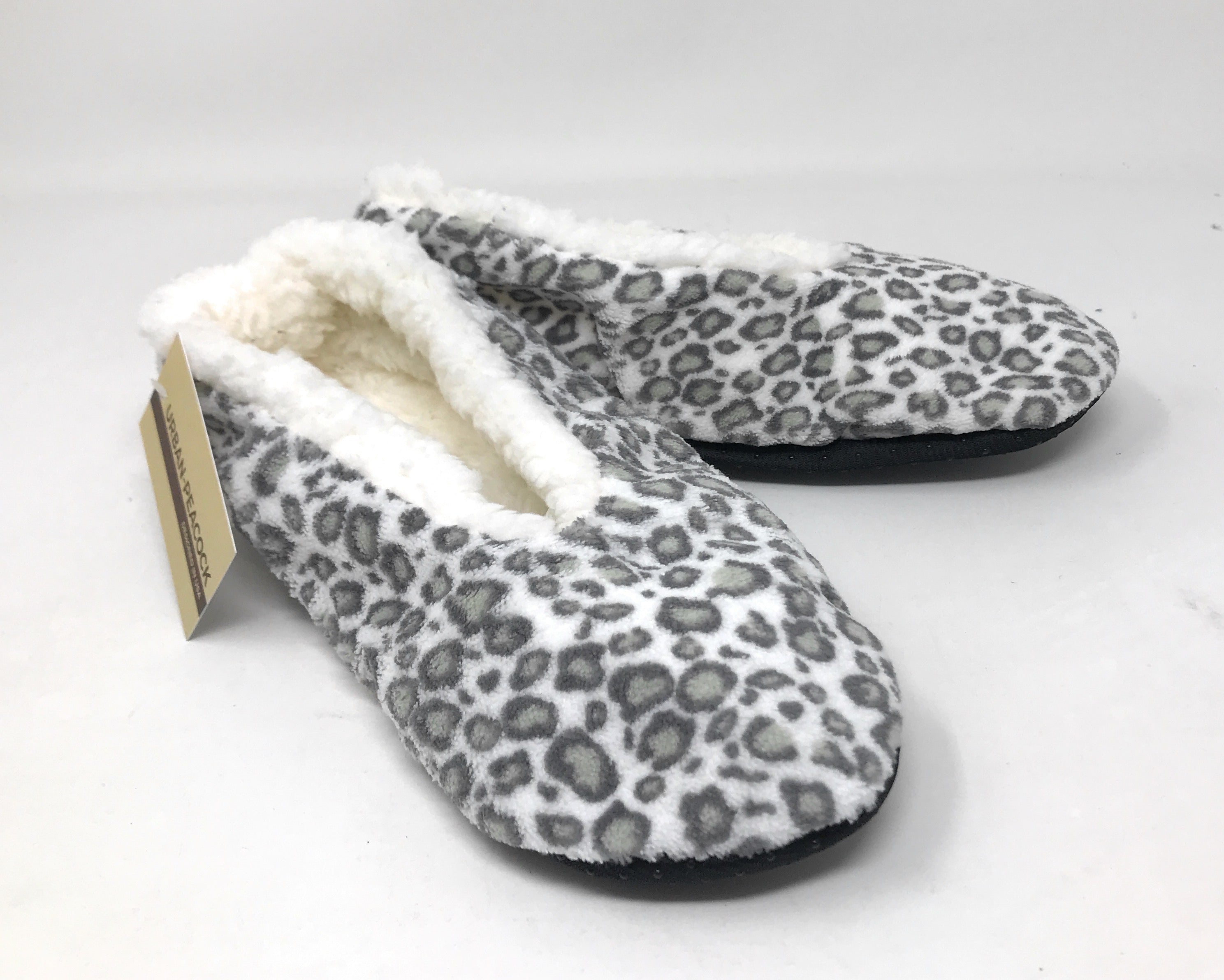 Women's Plush Fleece Lined Cozy Sherpa Gripper Slippers in Cheetah Animal Print: White with Gray