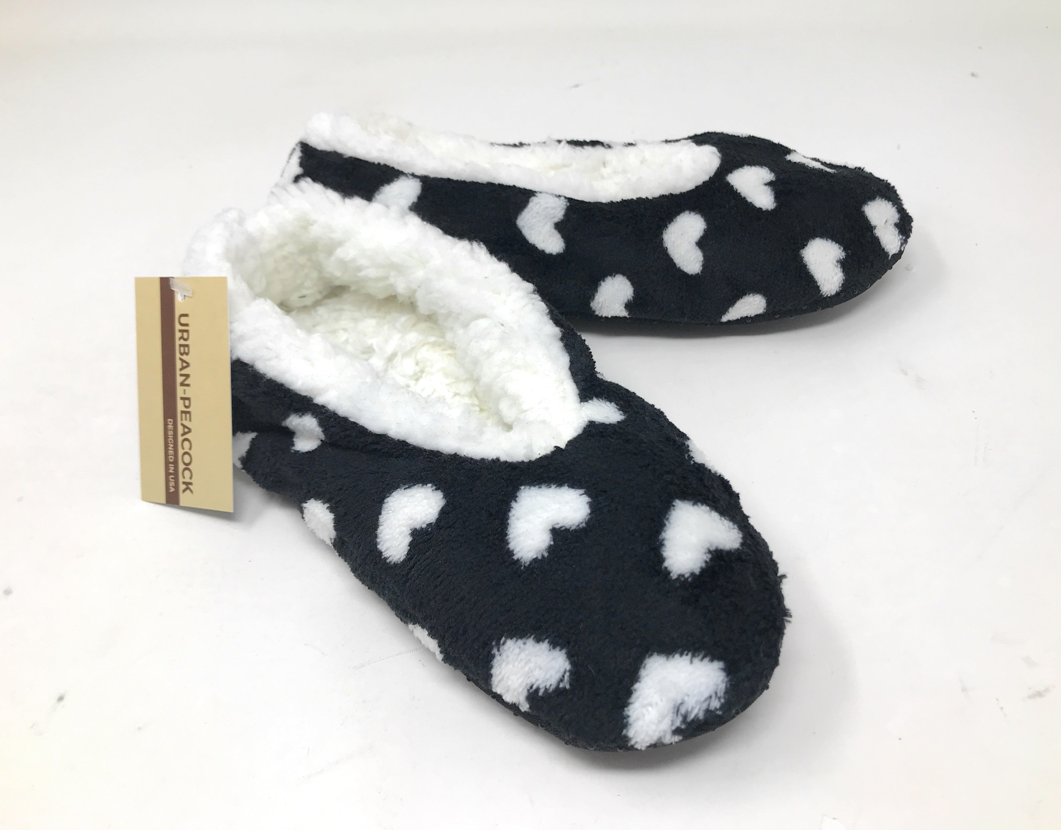 Women's Plush Fleece Lined Cozy Sherpa Gripper Slippers - Hearts: Black & White