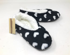Women's Plush Fleece Lined Cozy Sherpa Gripper Slippers - Hearts: Black & White