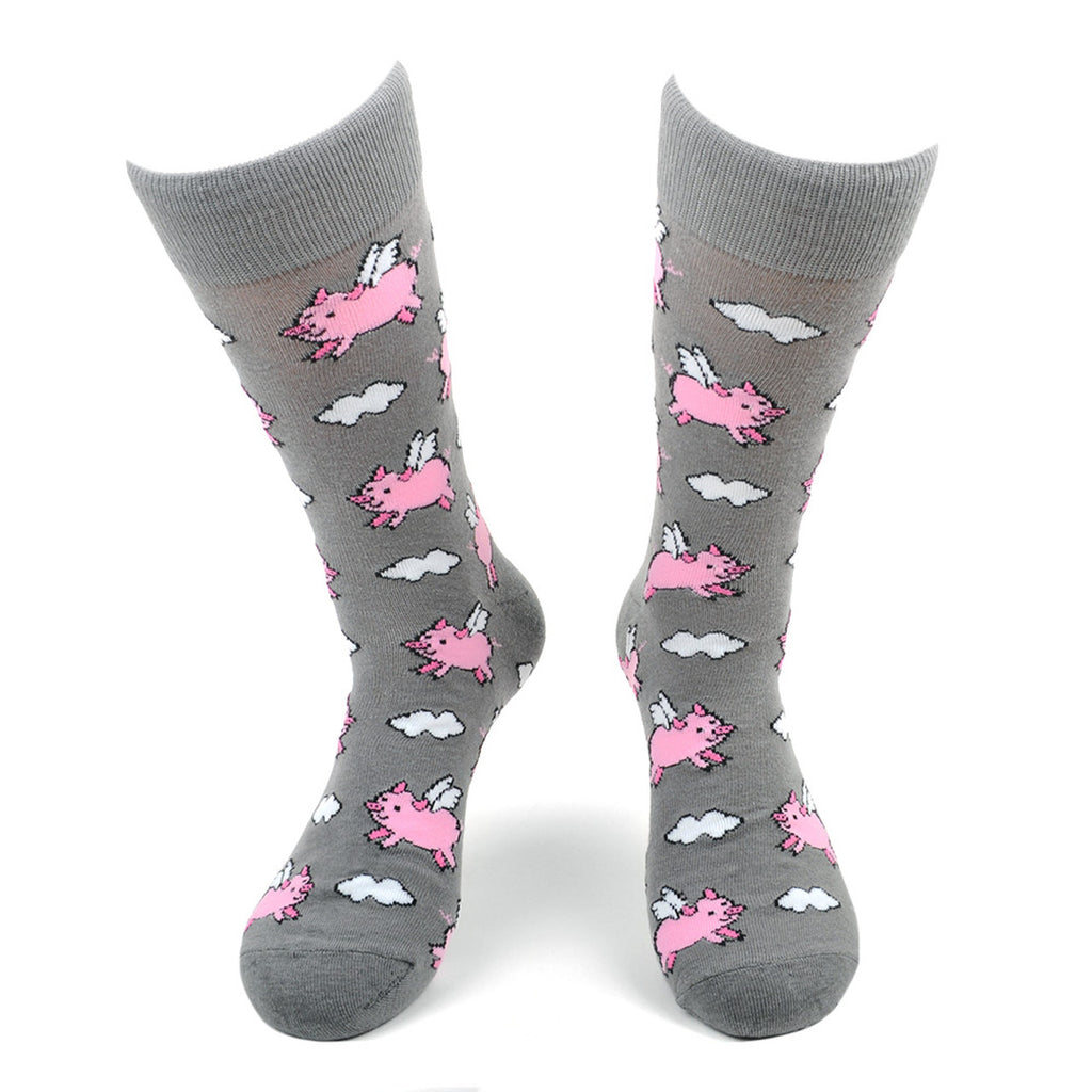 Men's Novelty Crew Socks - Flying Pigs - Grey