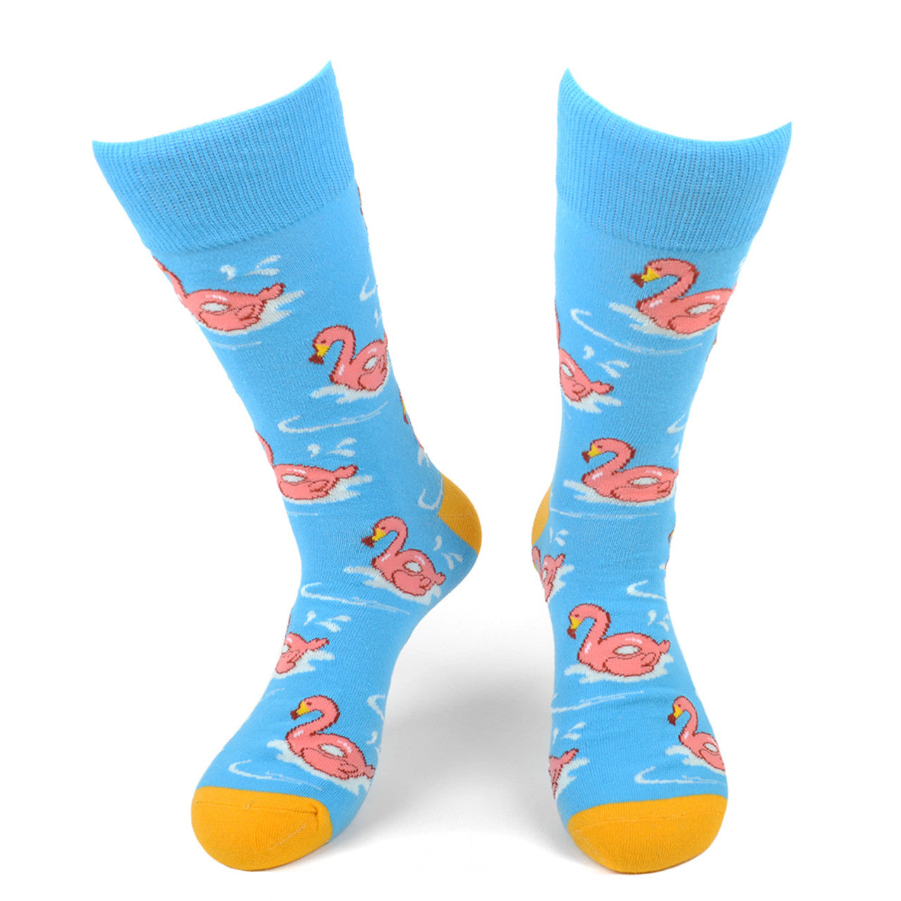 Men's Novelty Crew Socks - Flamingos - Blue & Yellow