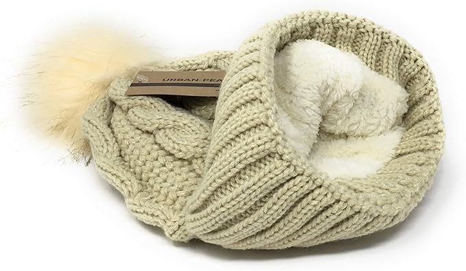 Urban-Peacock Soft Stretch Cable Knit Metallic Beanie Hat with Warm Fleece Lining & Pom Pom: Beige