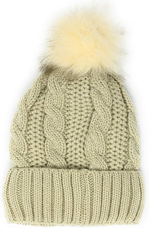 Urban-Peacock Soft Stretch Cable Knit Metallic Beanie Hat with Warm Fleece Lining & Pom Pom: Beige
