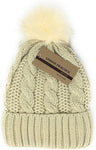 Urban-Peacock Soft Stretch Cable Knit Metallic Beanie Hat with Warm Fleece Lining & Pom Pom: Beige
