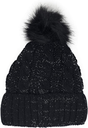 Urban-Peacock Soft Stretch Cable Knit Metallic Beanie Hat with Warm Fleece Lining & Pom Pom: Black