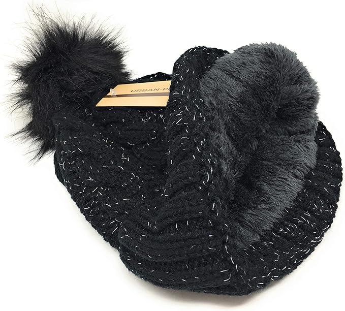 Urban-Peacock Soft Stretch Cable Knit Metallic Beanie Hat with Warm Fleece Lining & Pom Pom: Black
