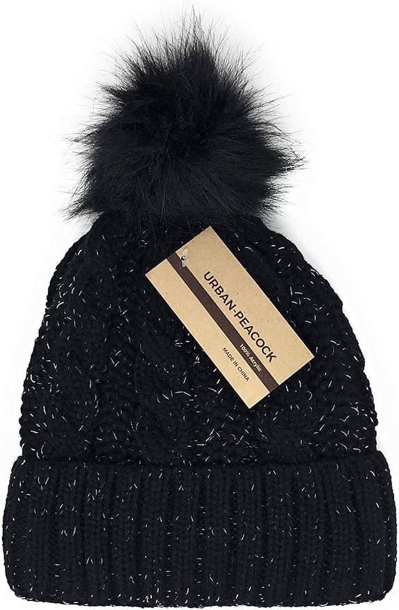 Urban-Peacock Soft Stretch Cable Knit Metallic Beanie Hat with Warm Fleece Lining & Pom Pom: Black
