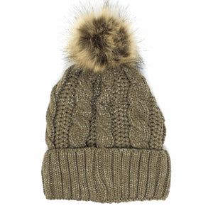 Urban-Peacock Soft Stretch Cable Knit Metallic Beanie Hat with Warm Fleece Lining & Pom Pom: Brown
