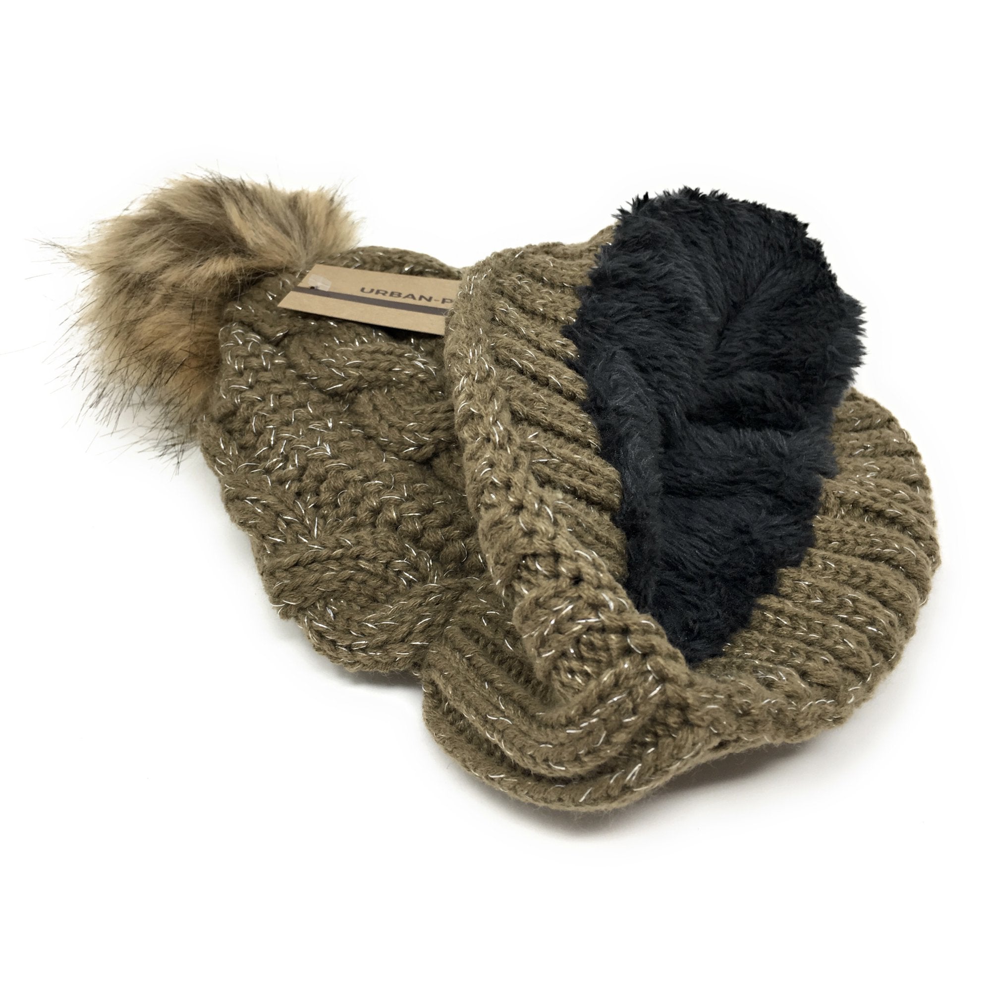 Urban-Peacock Soft Stretch Cable Knit Metallic Beanie Hat with Warm Fleece Lining & Pom Pom: Brown