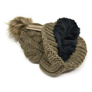 Urban-Peacock Soft Stretch Cable Knit Metallic Beanie Hat with Warm Fleece Lining & Pom Pom: Brown