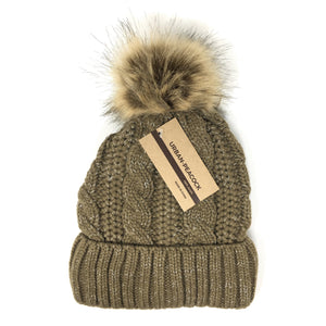 Urban-Peacock Soft Stretch Cable Knit Metallic Beanie Hat with Warm Fleece Lining & Pom Pom: Brown