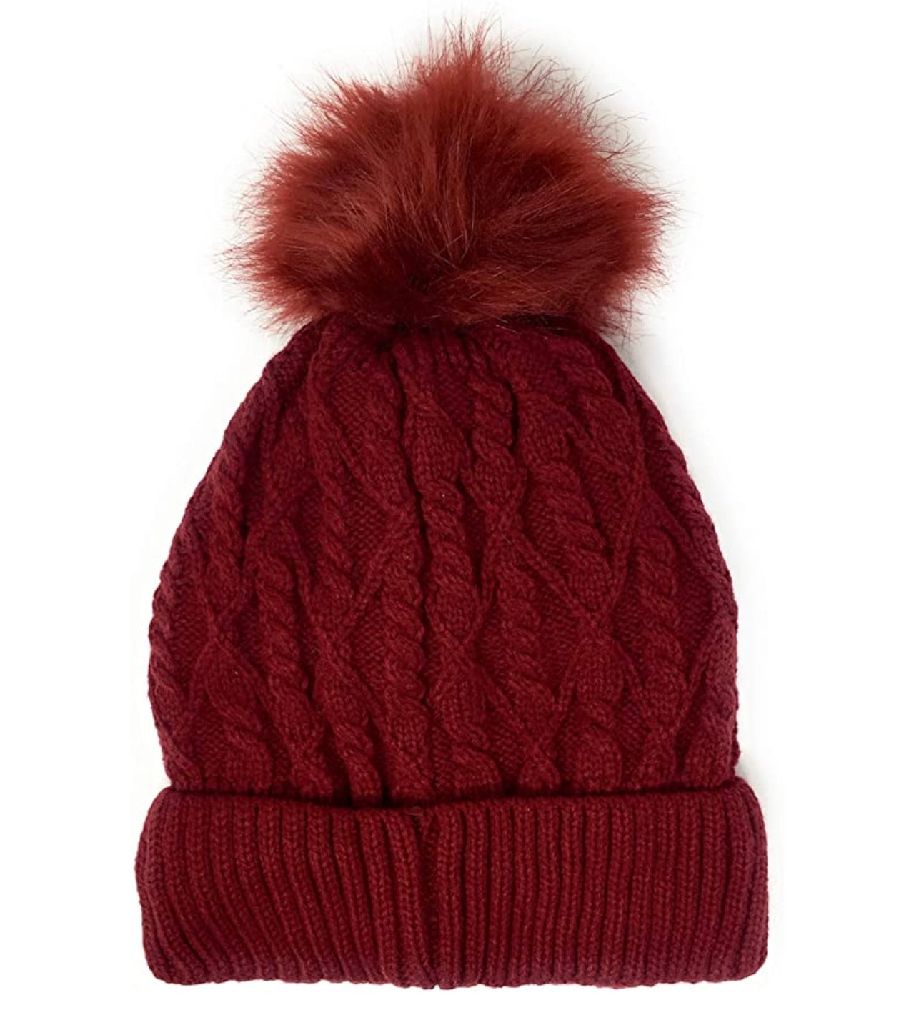Urban-Peacock Soft Stretch Cable Knit Beanie Hat with Pearlized Beads, Fleece Lining & Pom Pom: Red
