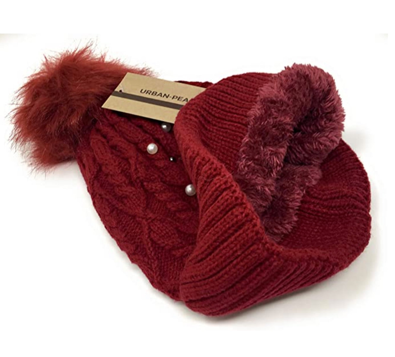 Urban-Peacock Soft Stretch Cable Knit Beanie Hat with Pearlized Beads, Fleece Lining & Pom Pom: Red