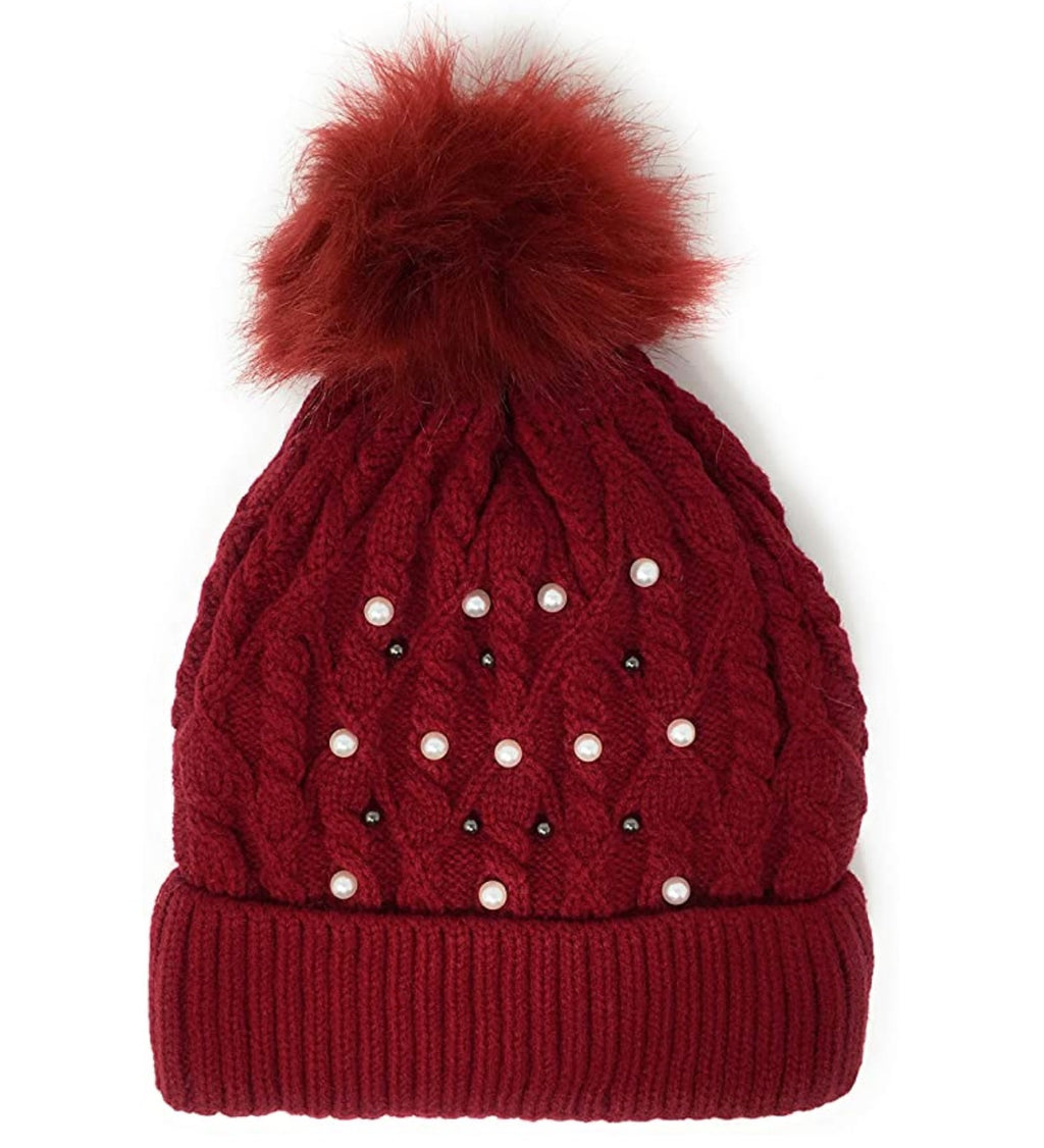 Urban-Peacock Soft Stretch Cable Knit Beanie Hat with Pearlized Beads, Fleece Lining & Pom Pom: Red