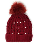 Urban-Peacock Soft Stretch Cable Knit Beanie Hat with Pearlized Beads, Fleece Lining & Pom Pom: Red