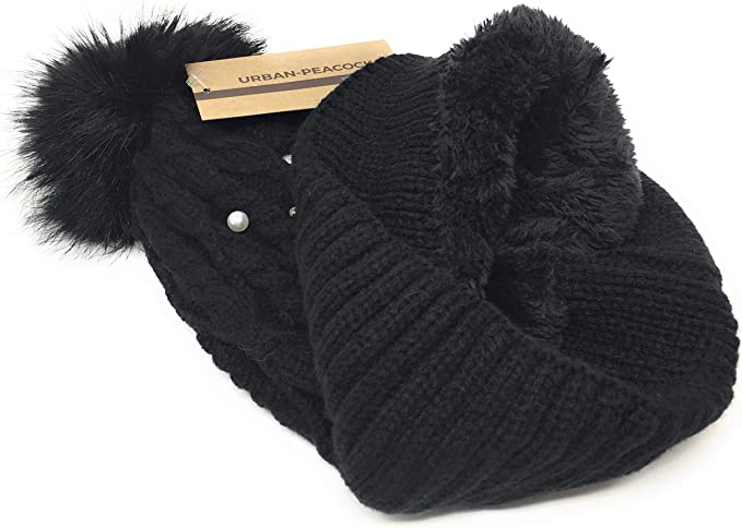 Urban-Peacock Soft Stretch Cable Knit Beanie Hat with Pearlized Beads, Fleece Lining & Pom Pom: Black