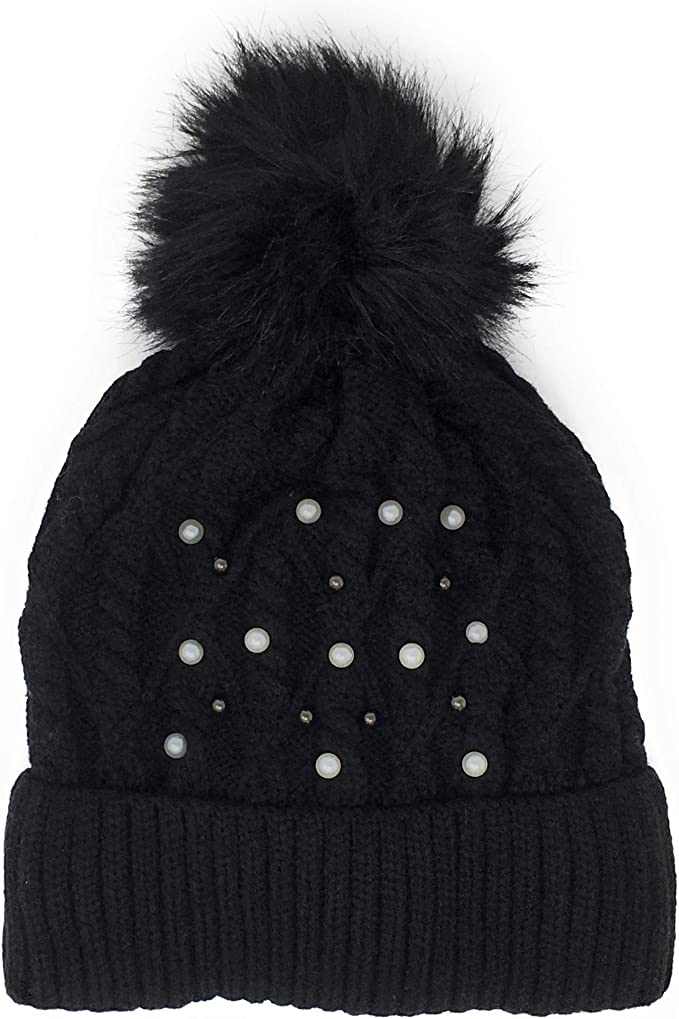 Urban-Peacock Soft Stretch Cable Knit Beanie Hat with Pearlized Beads, Fleece Lining & Pom Pom: Black