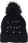 Urban-Peacock Soft Stretch Cable Knit Beanie Hat with Pearlized Beads, Fleece Lining & Pom Pom: Black
