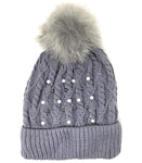 Urban-Peacock Soft Stretch Cable Knit Beanie Hat with Pearlized Beads, Fleece Lining & Pom Pom: Gray