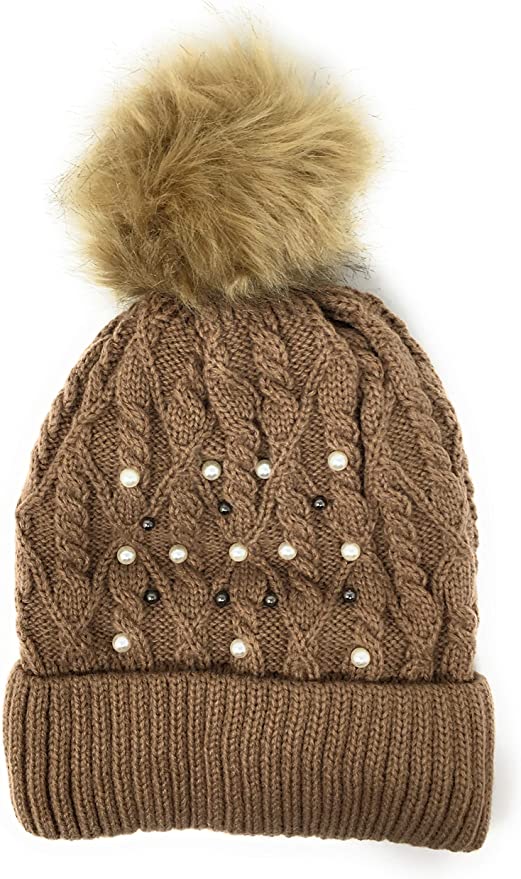 Urban-Peacock Soft Stretch Cable Knit Beanie Hat with Pearlized Beads, Fleece Lining & Pom Pom: Brown