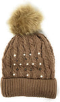 Urban-Peacock Soft Stretch Cable Knit Beanie Hat with Pearlized Beads, Fleece Lining & Pom Pom: Brown