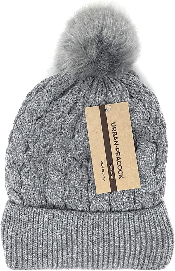 Urban-Peacock Soft Stretch Cable Knit Beanie Hat with Warm Fleece Lining & Pom Pom: Gray