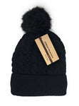 Urban-Peacock Soft Stretch Cable Knit Beanie Hat with Warm Fleece Lining & Pom Pom: Black