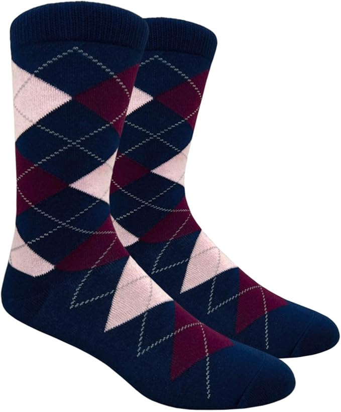 Black Label Men's Dress Socks - Argyle - Navy Blue, Wine & Petal Pink