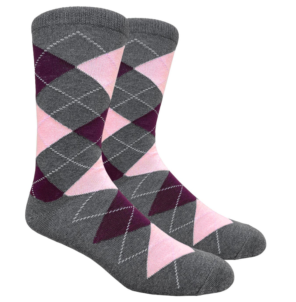 Black Label Men's Dress Socks - Argyle - Charcoal Gray, Wine & Petal Pink