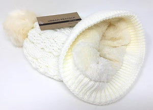 Urban-Peacock Soft Stretch Cable Knit Beanie Hat with Warm Fleece Lining & Pom Pom: Cream