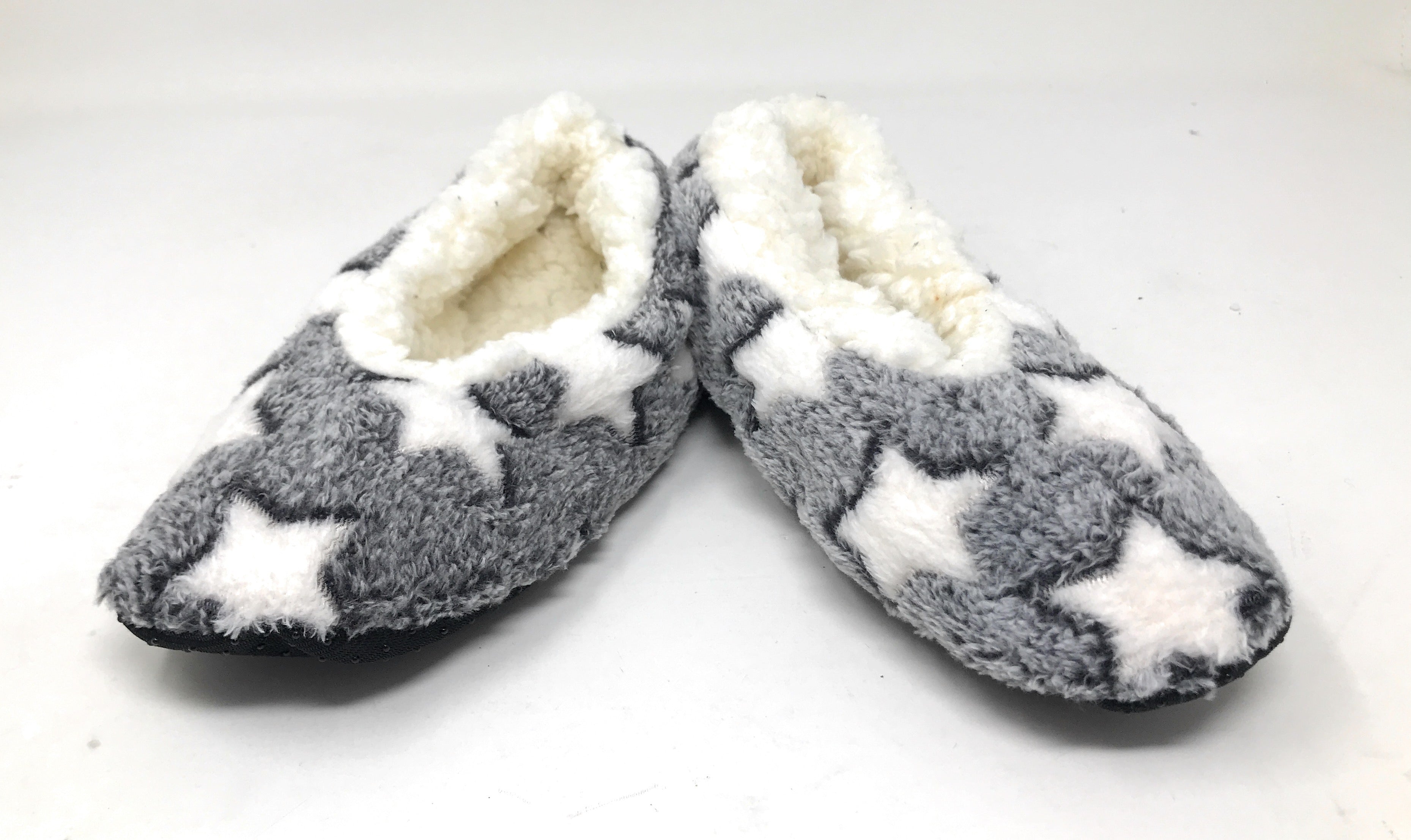 Women's Plush Fleece Lined Cozy Sherpa Gripper Slippers - Stars: Gray & White