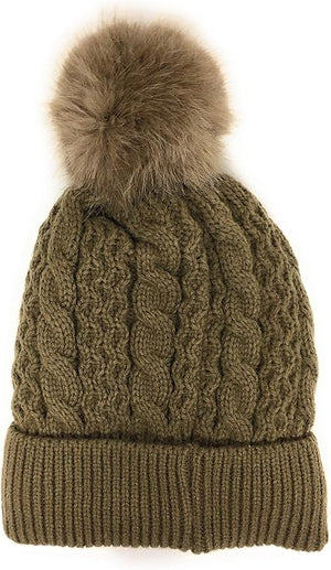 Urban-Peacock Soft Stretch Cable Knit Beanie Hat with Warm Fleece Lining & Pom Pom: Brown