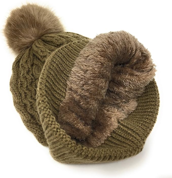 Urban-Peacock Soft Stretch Cable Knit Beanie Hat with Warm Fleece Lining & Pom Pom: Brown