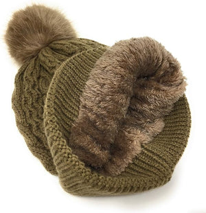 Urban-Peacock Soft Stretch Cable Knit Beanie Hat with Warm Fleece Lining & Pom Pom: Brown