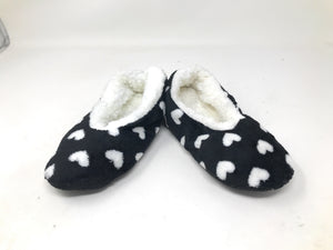 Women's Plush Fleece Lined Cozy Sherpa Gripper Slippers - Hearts: Black & White