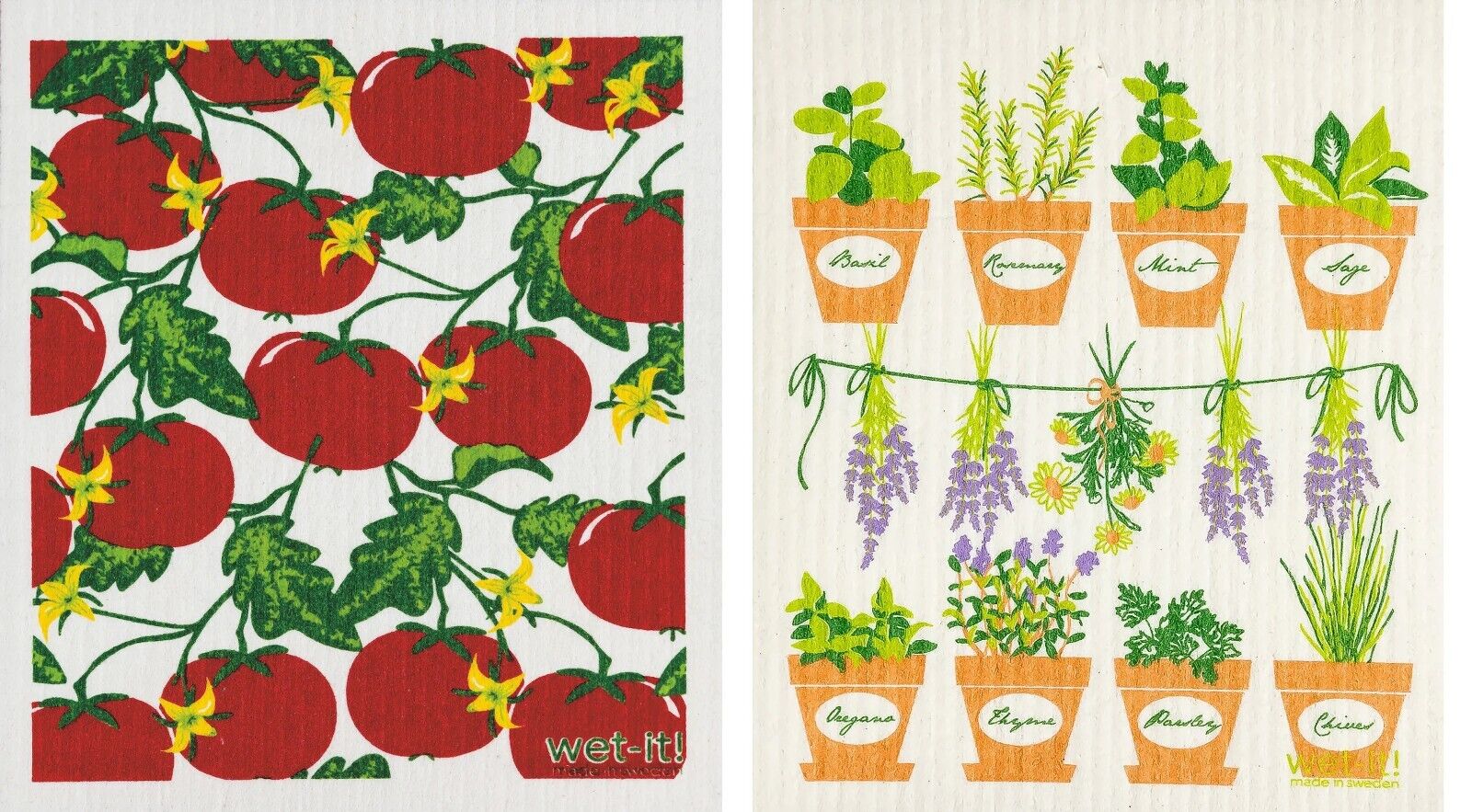 Swedish Treasures Wet-it! Dishcloth & Cleaning Cloth - 2 pack: Tomatoes & Herbs