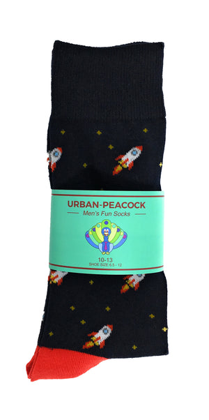Men's Novelty Crew Socks - Spaceships: Navy with Red
